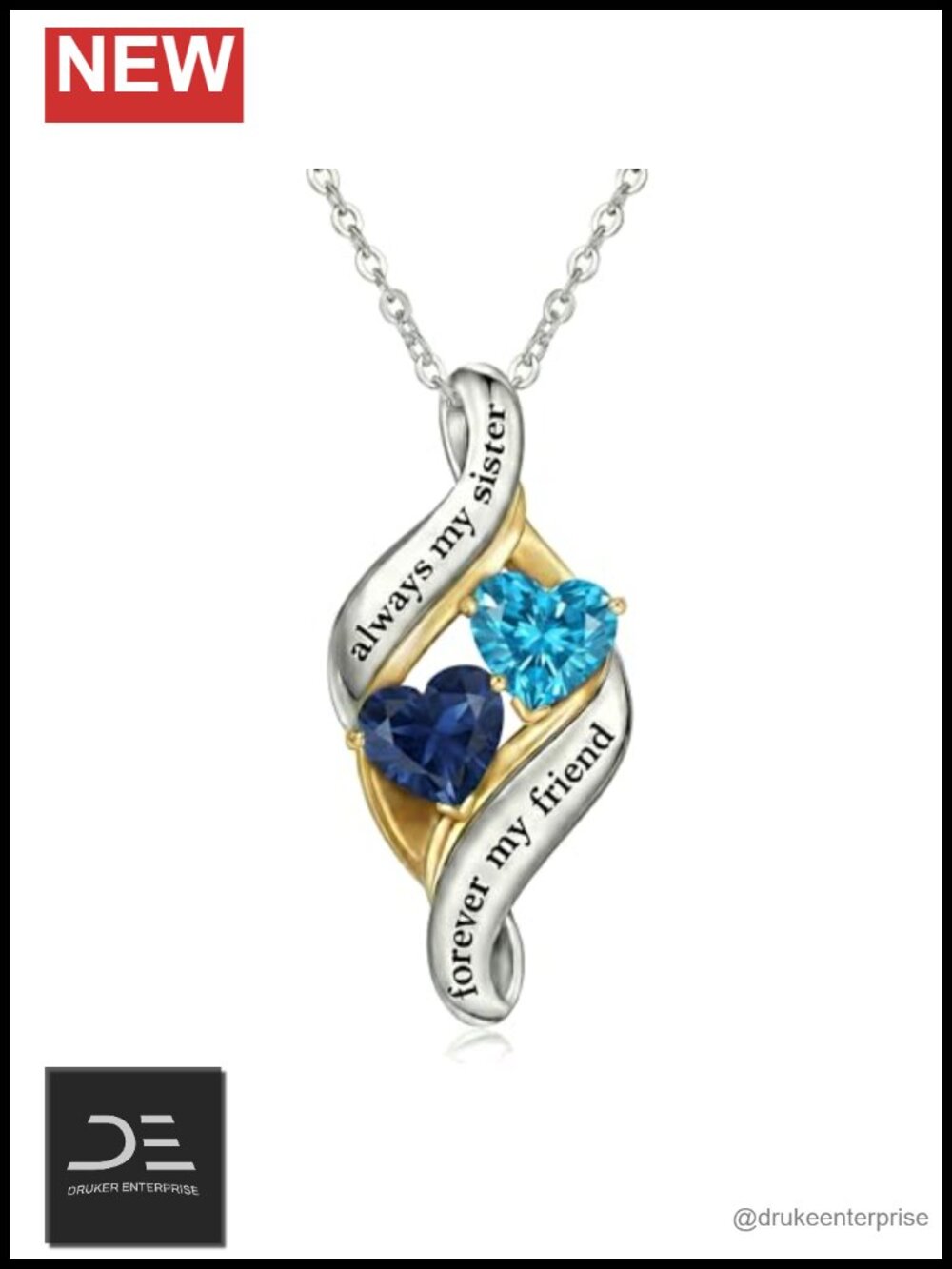 Sister Necklace with Double Birthstone - 18K White Gold Plated, Adjustable Chain